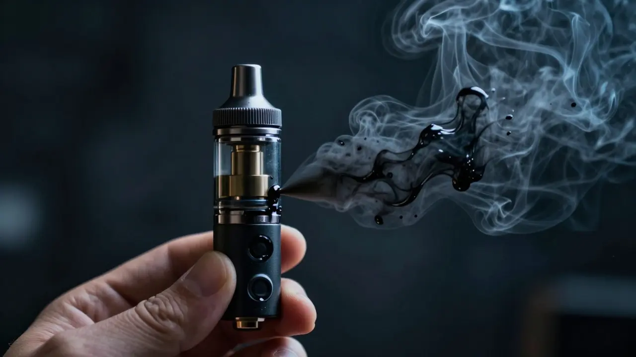Vape kazeta vydávající toxickou černou kouřovou mlhu symbolizující rizika