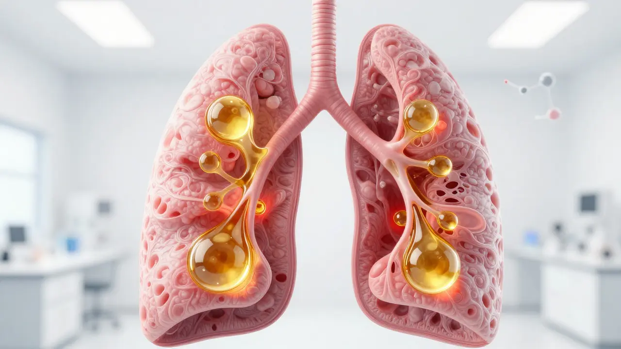 Anatomické zobrazení plic ucpaných žlutým olejem v laboratorním prostředí