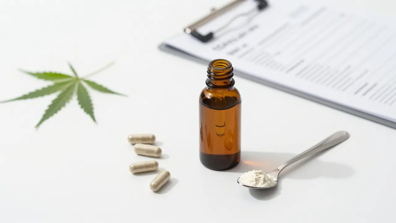 CBD olej, kapsle a laboratorní zpráva na stole