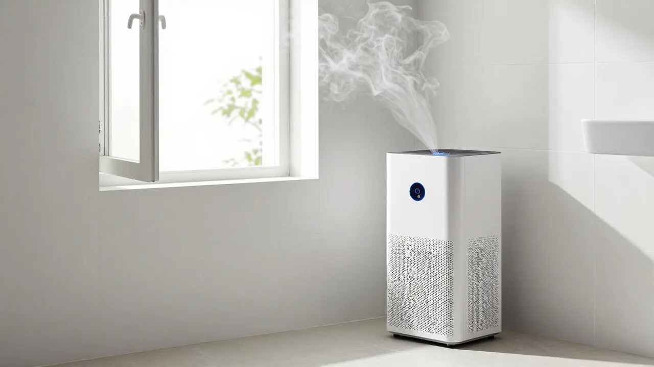 Clean bathroom with open window and air purifier