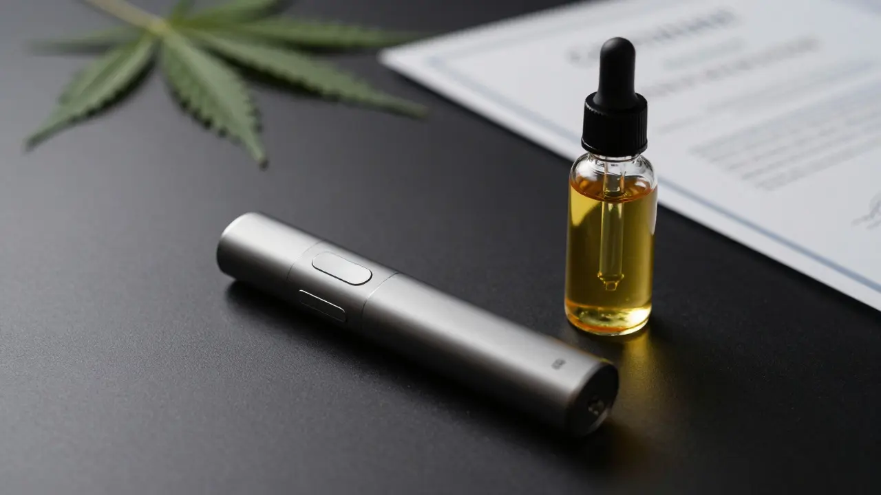 Elegantní jednorázový vape pera a lahvička s olejem na tmavém povrchu