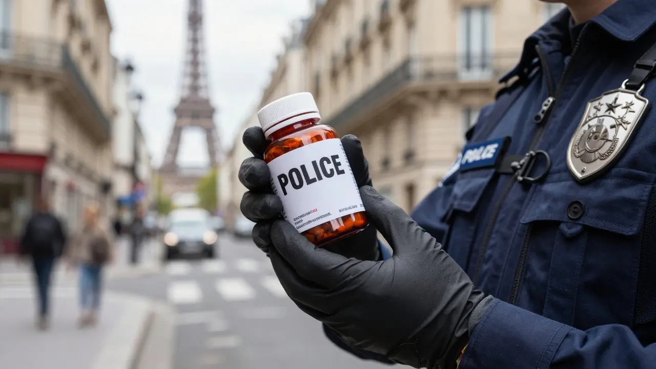 Francouzský policista kontroluje produkt na ulici v Paříži