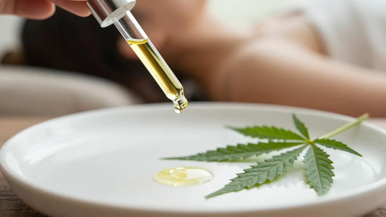 Kapečka CBD oleje na bílém podkladu u konopného listu