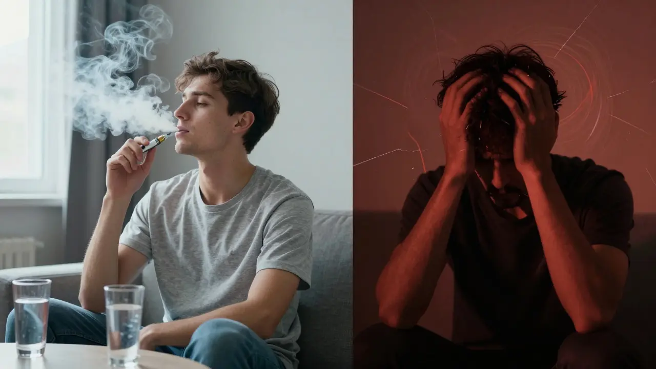 Kontrastní scéna klidného užívání a úzkosti při nadměrném vapování.