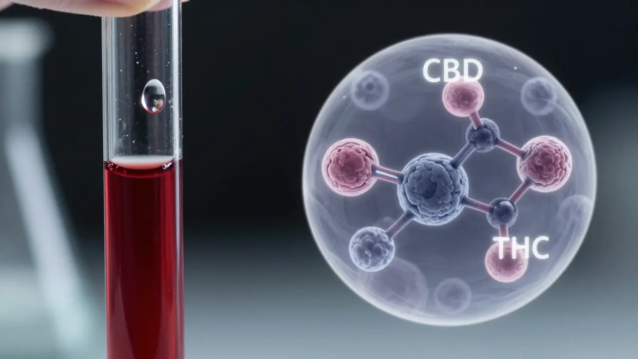 Makro záběr krevního testu a molekul CBD a THC