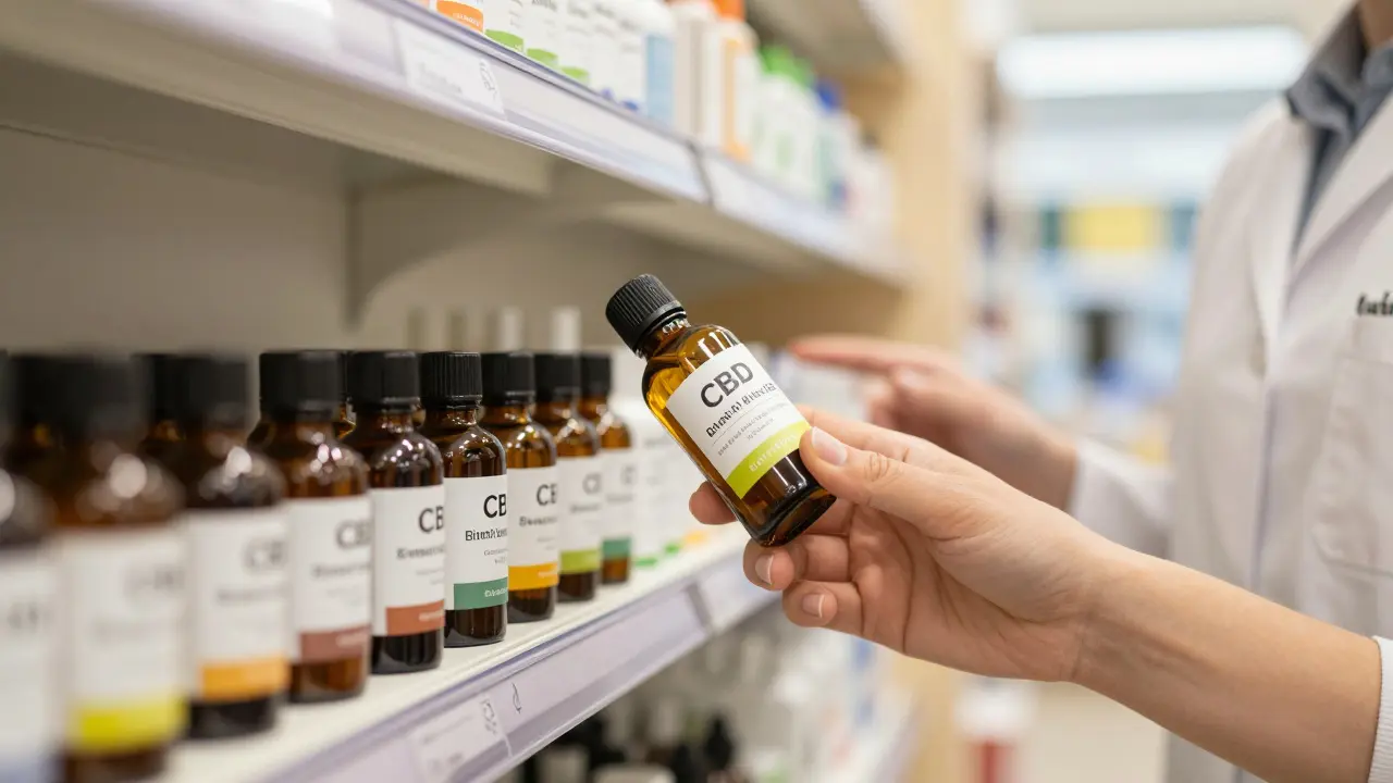 Pohled na police s produkty CBD v české lékárně