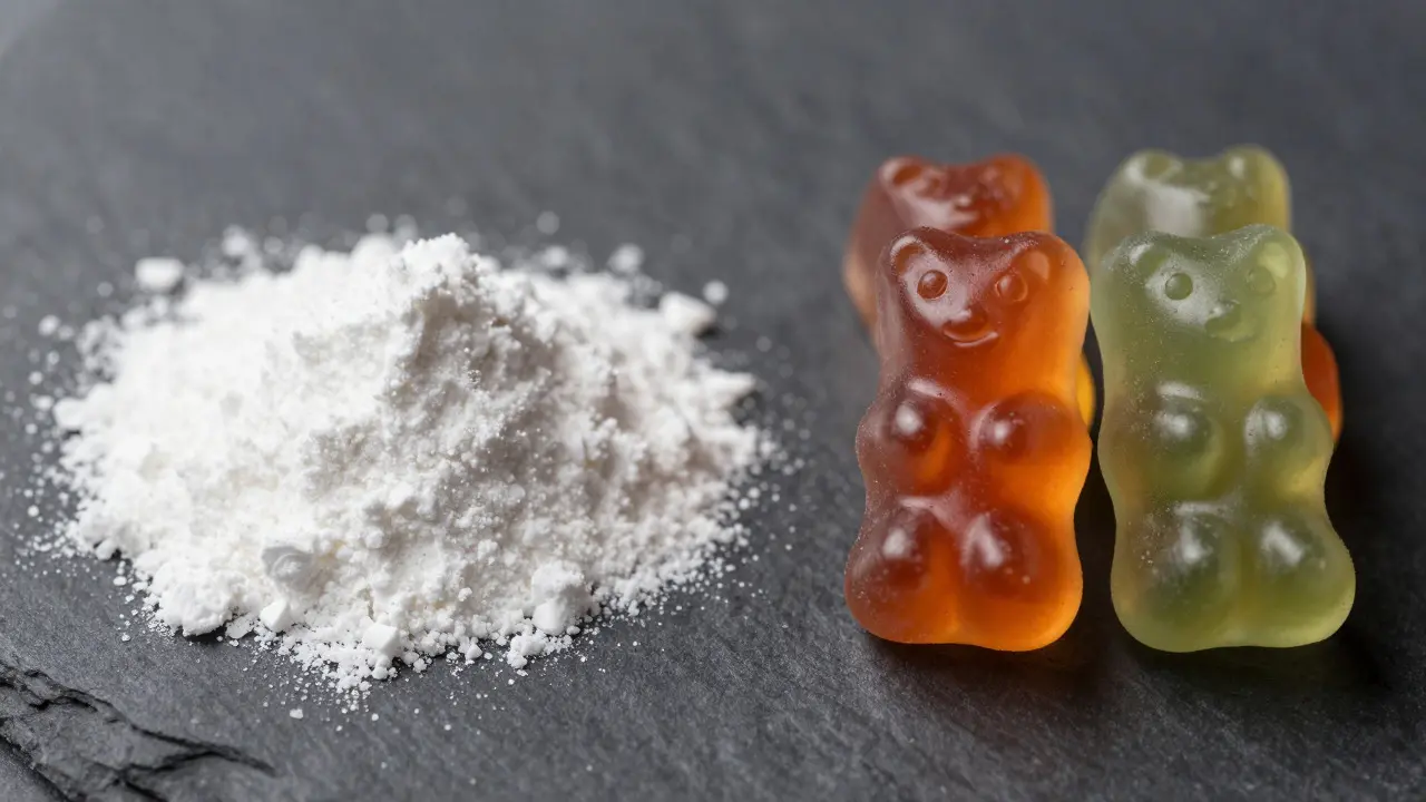 Porovnání čistého CBD izolátu v prášku a barevné CBD želé bonbóny