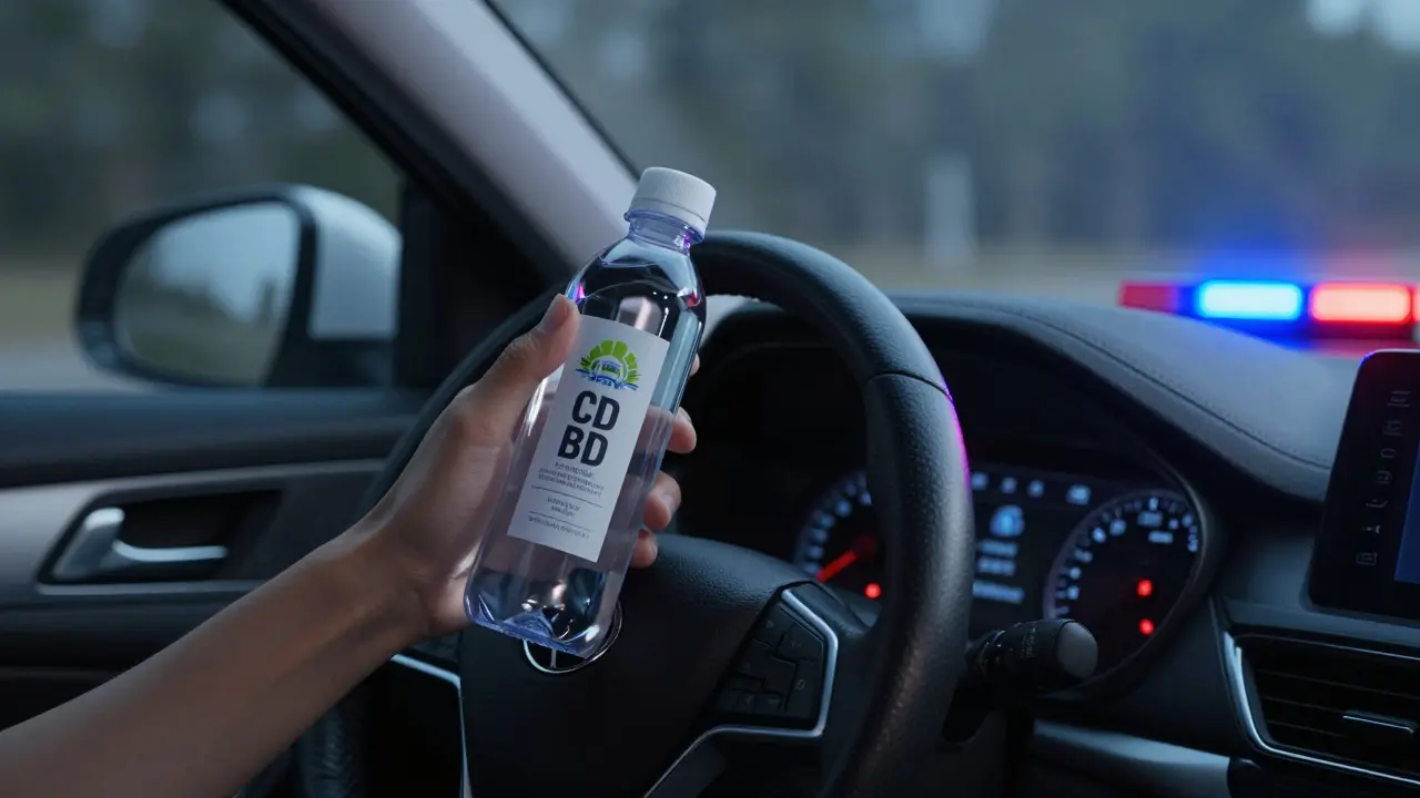 Řidič s lahví CBD vody a zábleskem policie v zrcadle