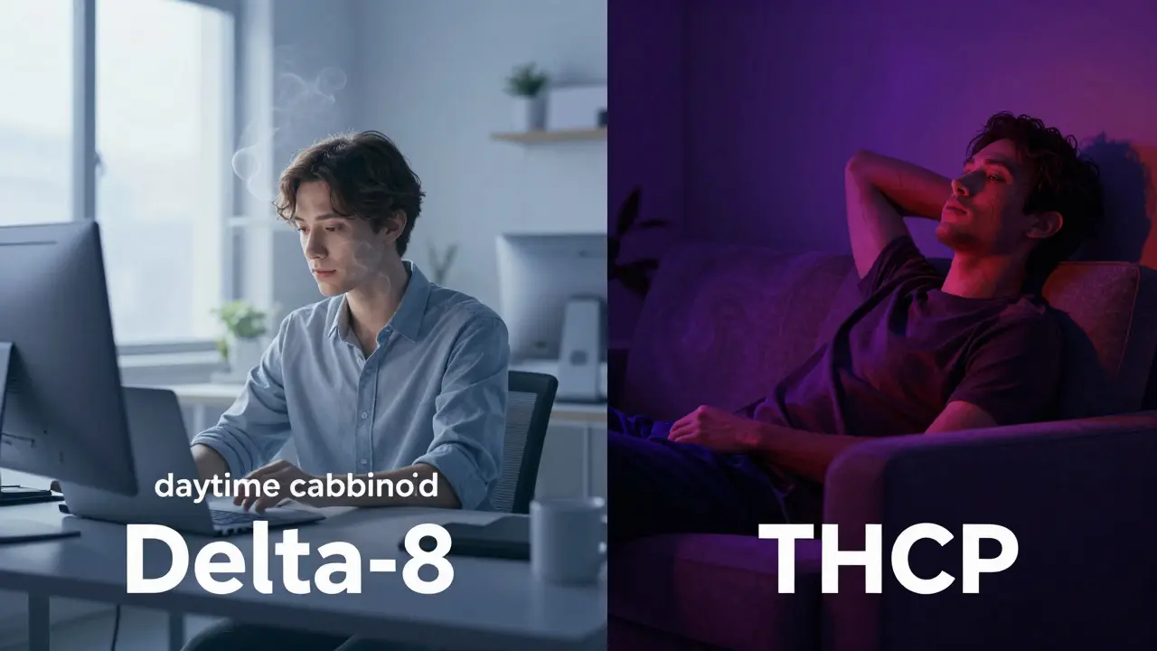 Rozdělená scéna: klidný den s Delta-8 versus intenzivní večerní relaxace s THCP