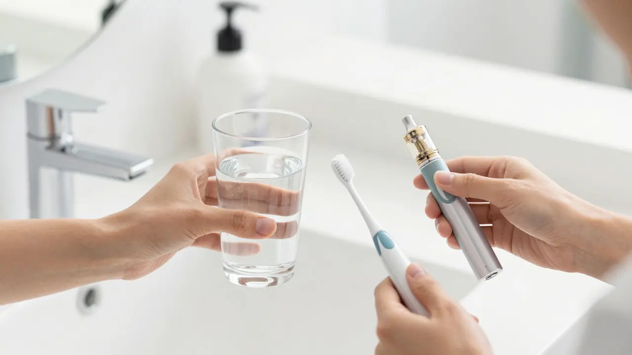 Sklenice vody a elektrická kartáčka vedle vape zařízení pro hygienu