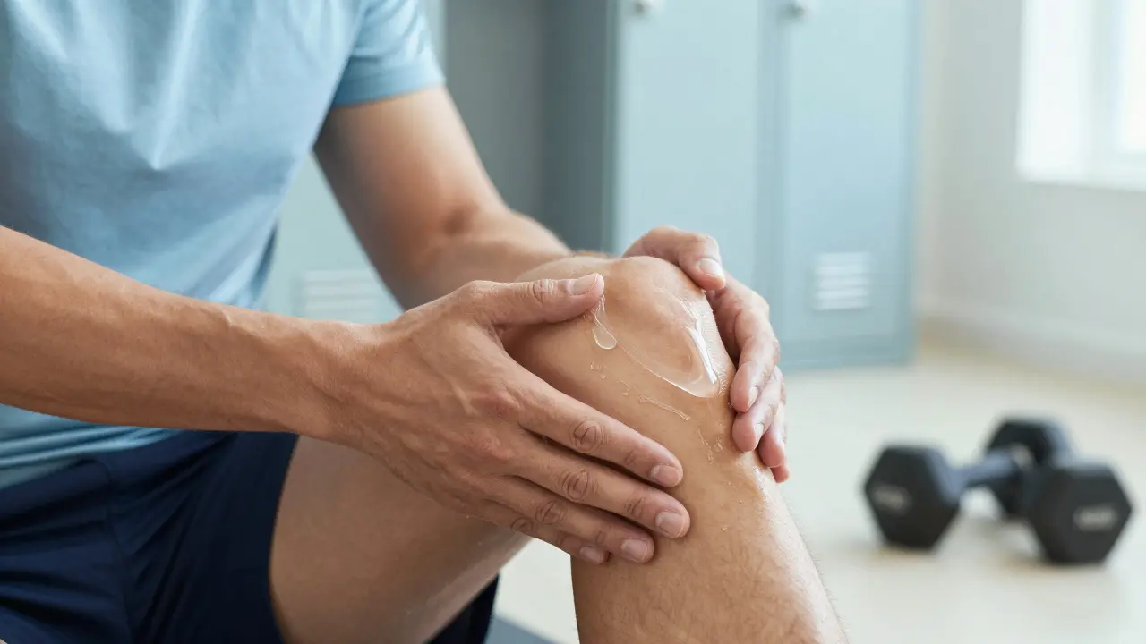 Sportovec nanáší regenerační gel na koleno po tréninku