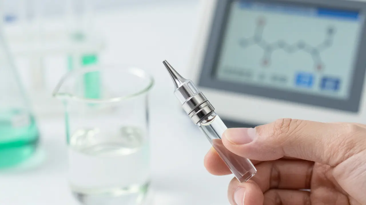 Transparentní kartuše na THC vedle laboratorních sklenic