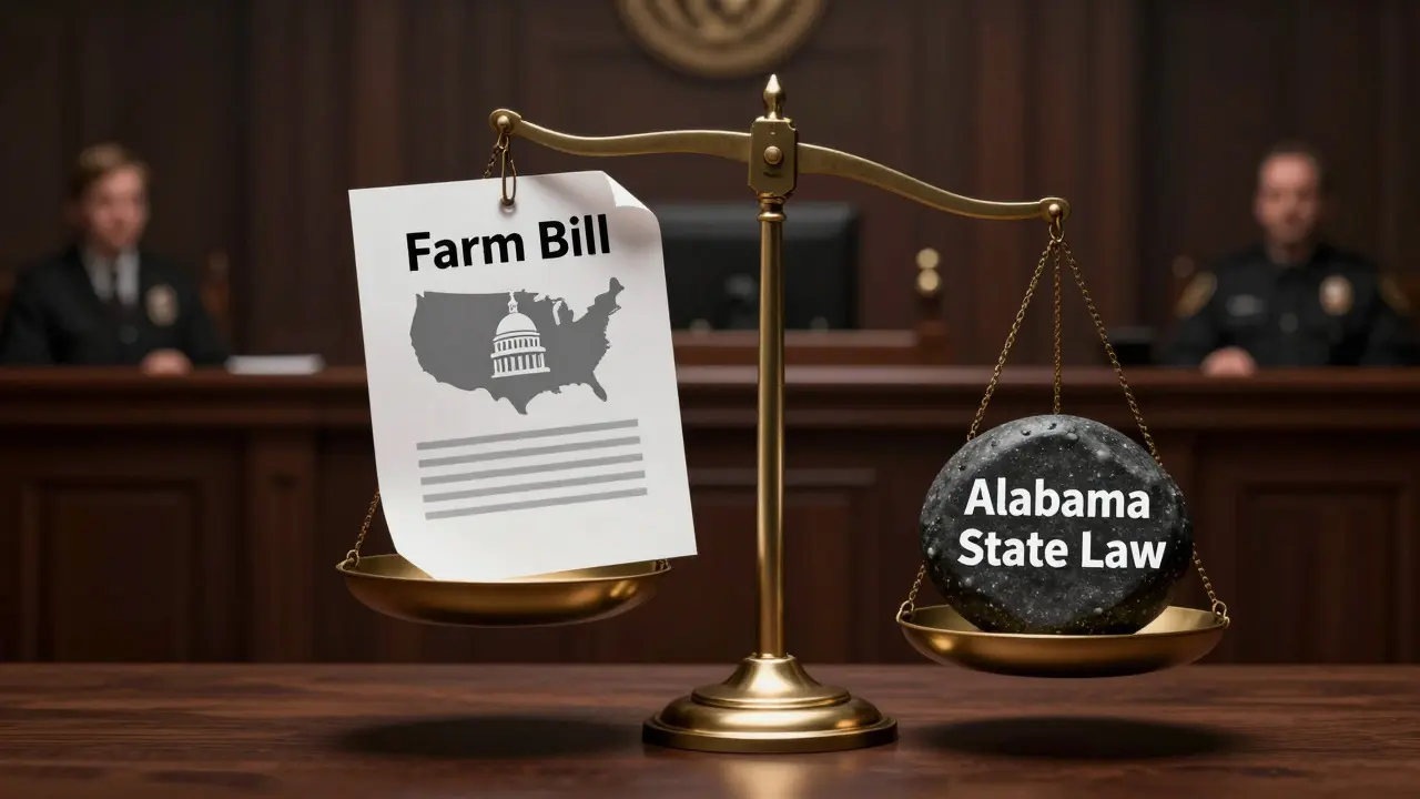 Váhy spravedlnosti ukazující střet federálního a státního práva v Alabamě