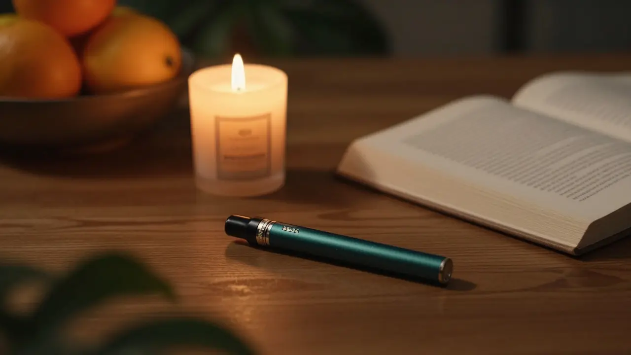 Vape na dřevěném stole při svitu svíčky pro relaxaci