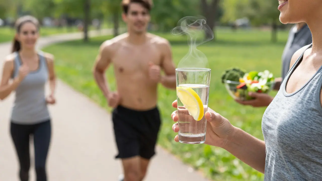 Zdravý životní styl: pití vody, běhání a čerstvá zelenina pro podporu metabolismu