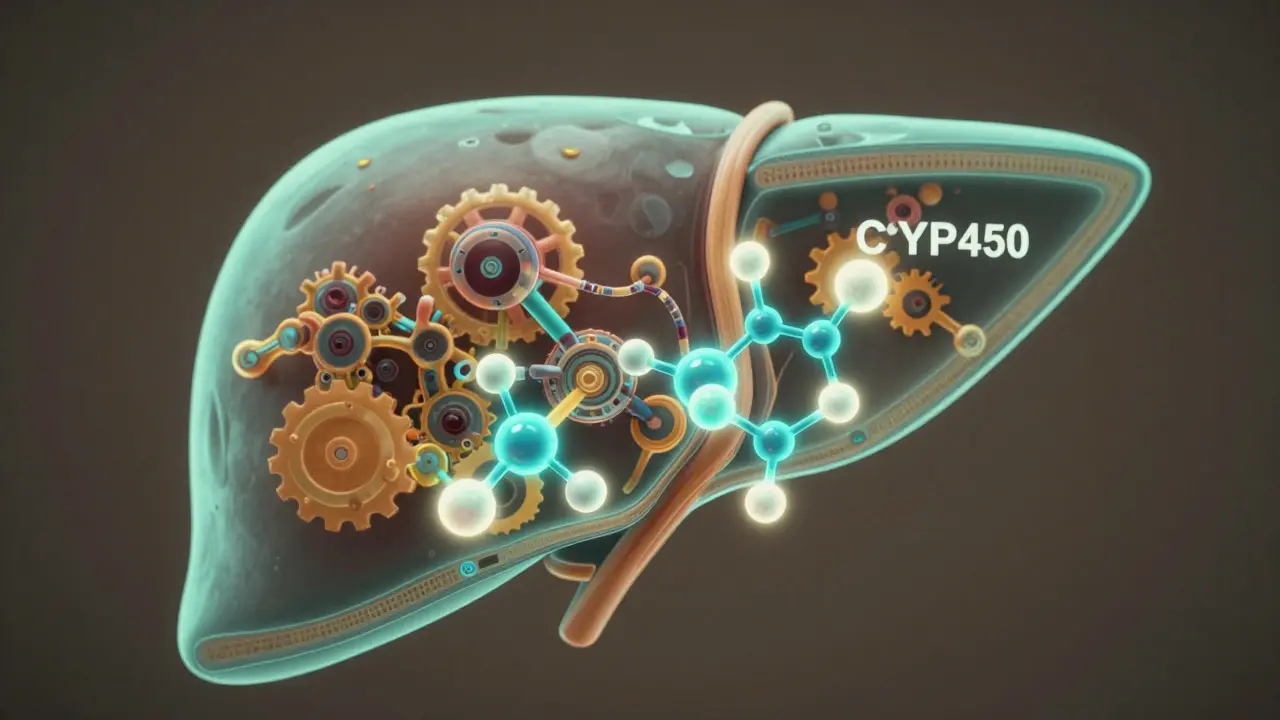 Abstraktní ilustrace jater zobrazující metabolizaci CBD molekul enzymy
