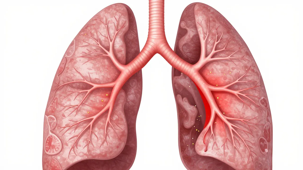 Anatomická ilustrace plic s jizvami na průduškách způsobenými diacetylem