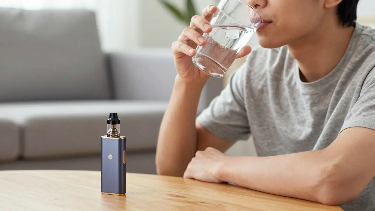 Člověk pije studenou vodu pro hydrataci po sezení s vapem