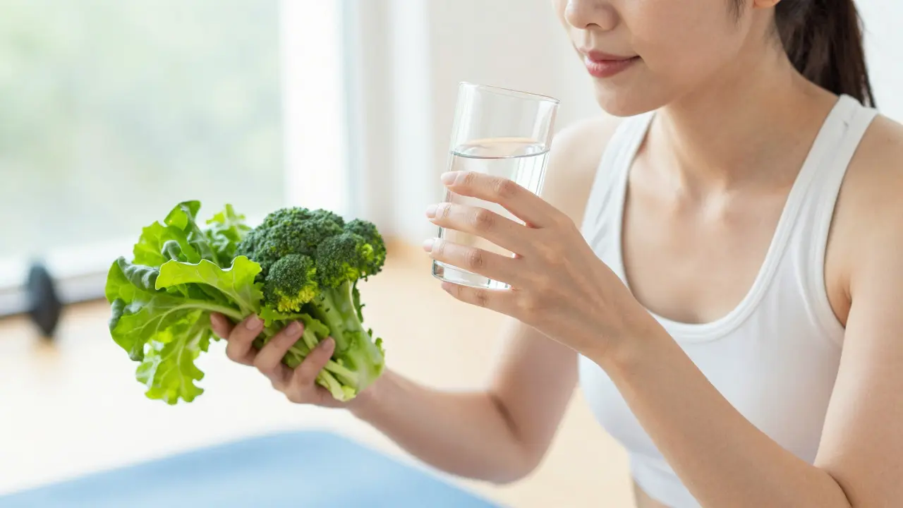 Člověk pije vodu a drží zeleninu pro podporu detoxikace