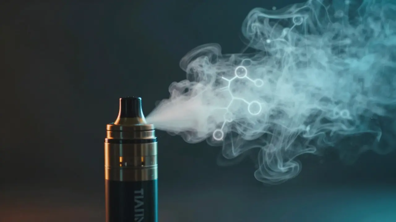 Detailní záběr na výpary z vape pera s viditelnými molekulami látek
