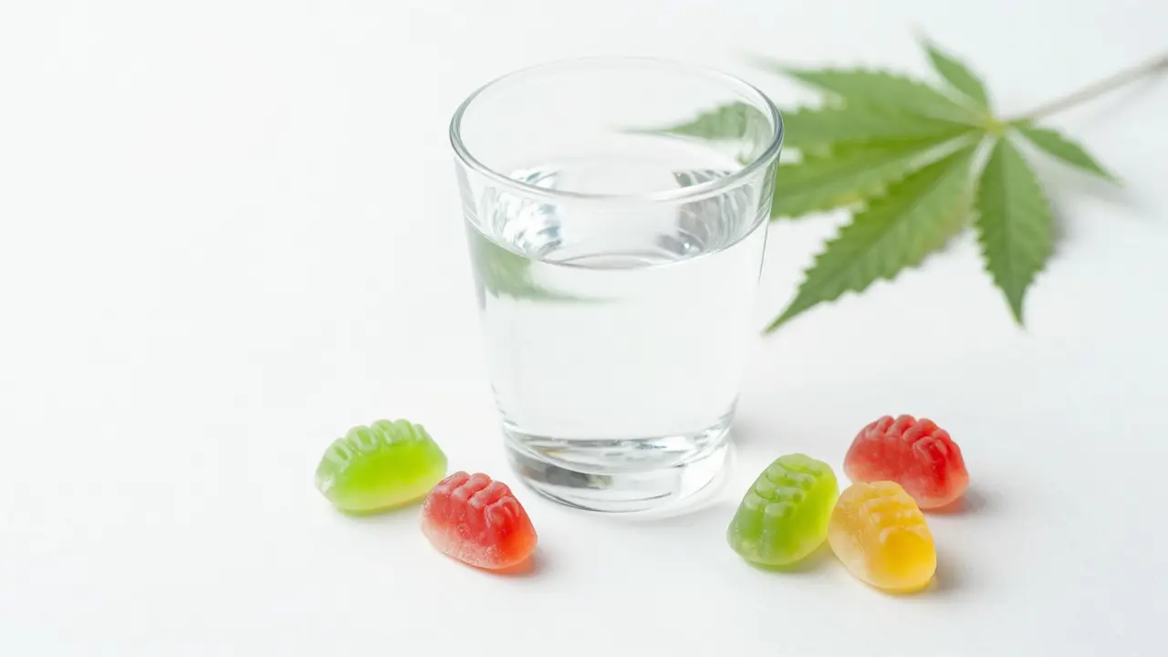 Glass of water and gummies on a white surface