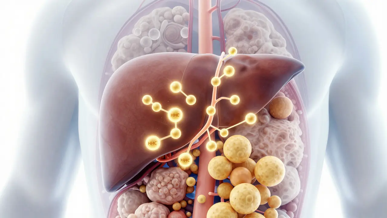 Ilustrace metabolismu HHC v játrech a tukových buňkách