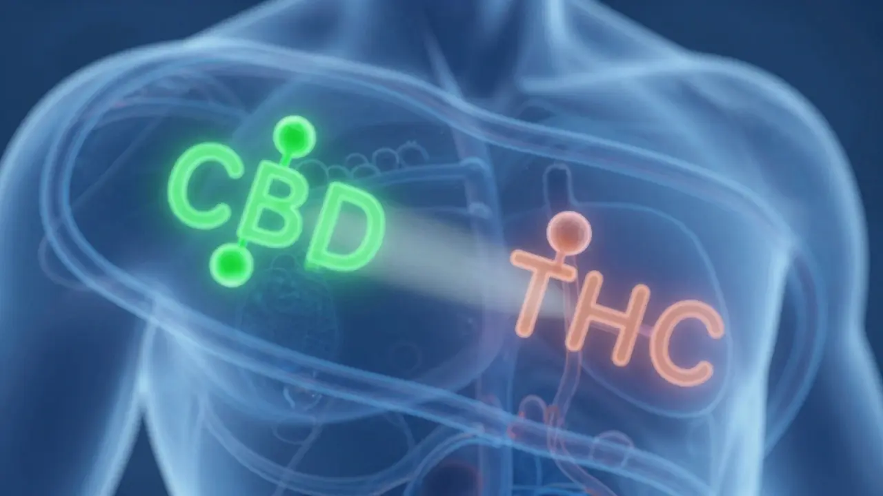 Ilustrace molekul CBD a THC v lidském těle během analýzy