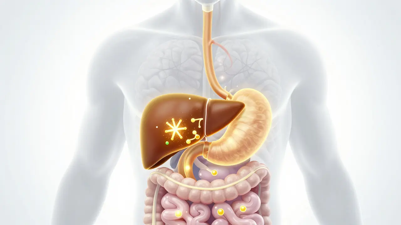 Ilustrace trávicího systému ukazující metabolismus THC v játrech