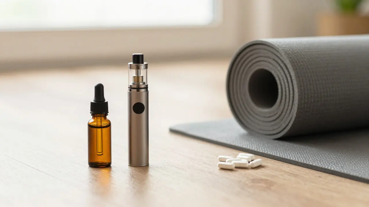 Kombinace CBD produktů, doplňků stravy a relaxačních prvků pro celkovou pohodu