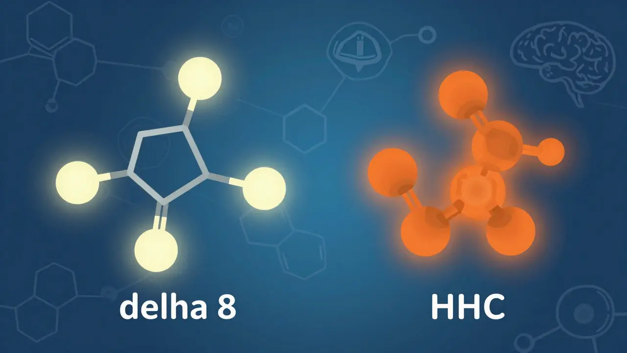 Konceptuální ilustrace molekul HHC a Delta 8 s nervovými spojeními v modrém prostoru