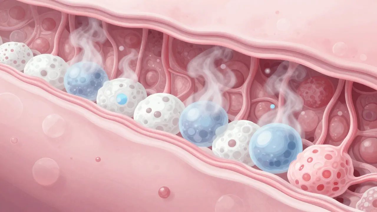 Konceptuální ilustrace vysychajících buněk dýchacích cest při inhalaci aerosolu