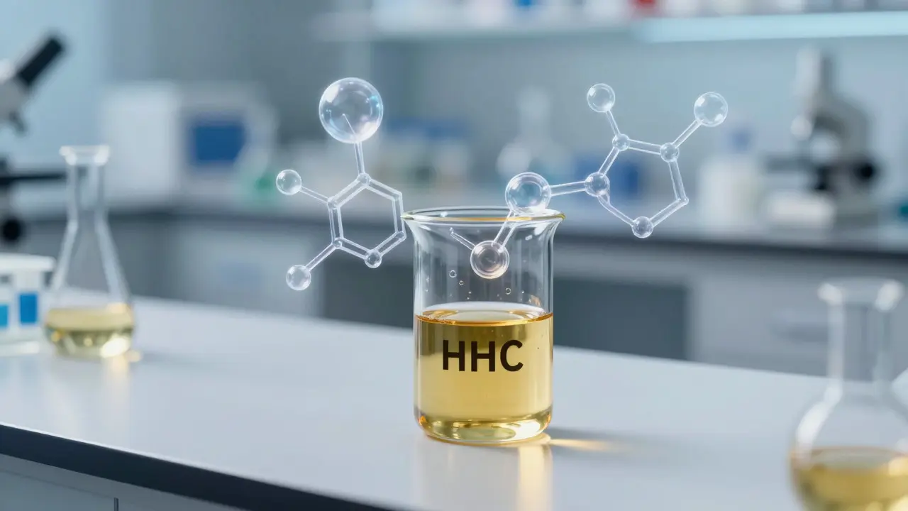 Laboratorní scéna zobrazující syntézu HHC oleje ze stabilizované molekuly