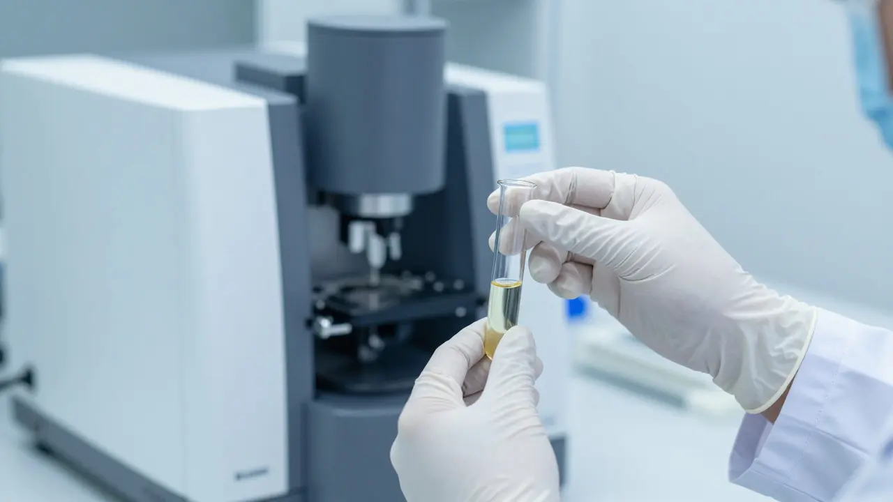 Laboratorní technik zpracovává vzorek moči pro potvrzovací test
