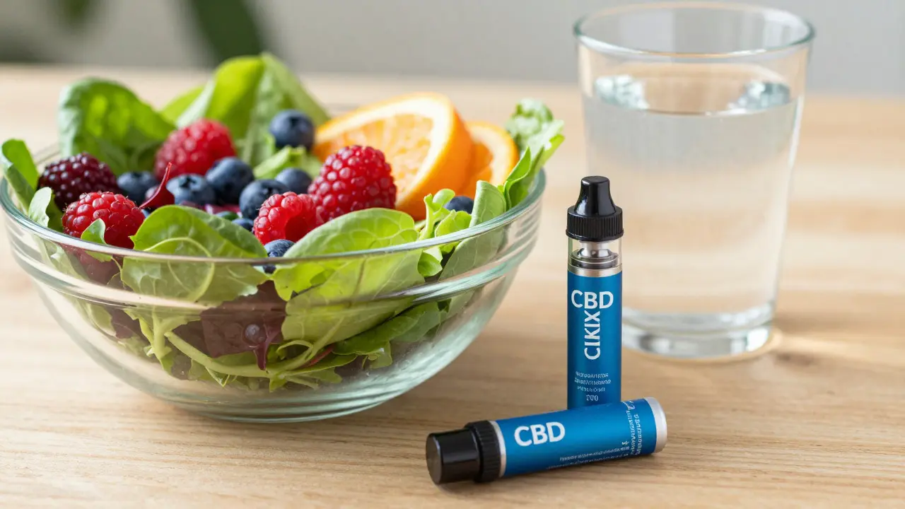 Miska salátu s antioxidanty a sklenice vody vedle CBD vape kartridže