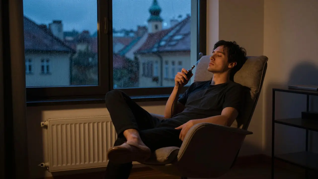 Osoba relaxující v křesle při večerním světle, držící vape zařízení