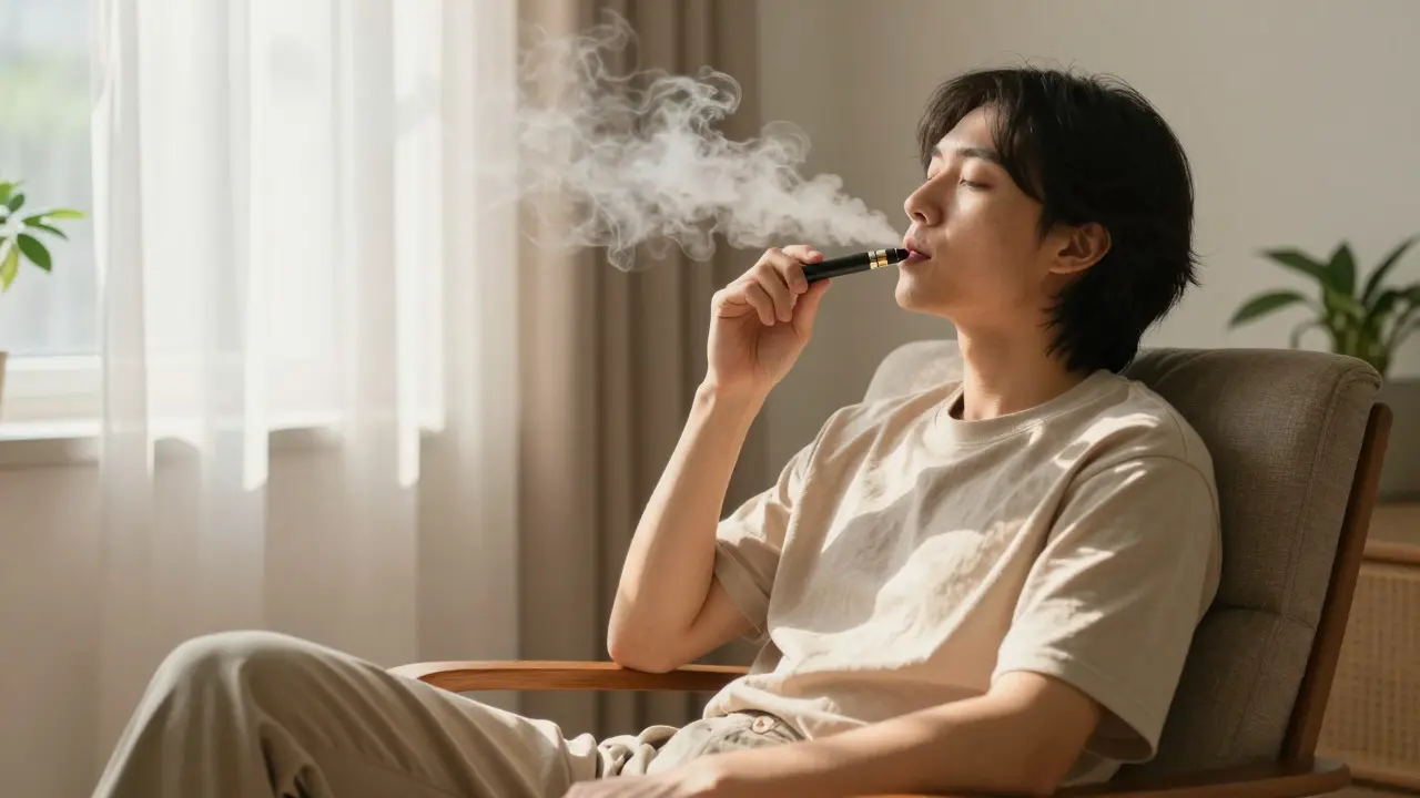 Osoba v klidném prostředí pomalu inhaluje z CBD vapera u okna