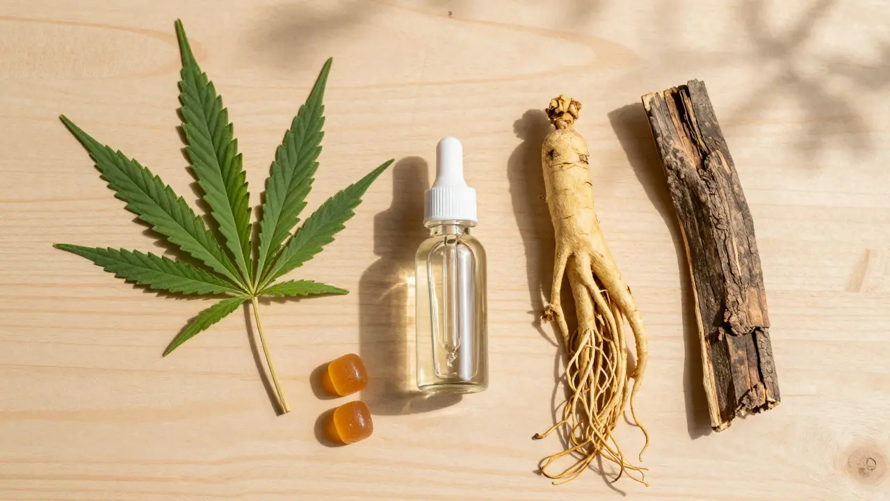 Přirozené bylinky, ženšen a CBD produkty na dřevěném stole při teplém denním světle