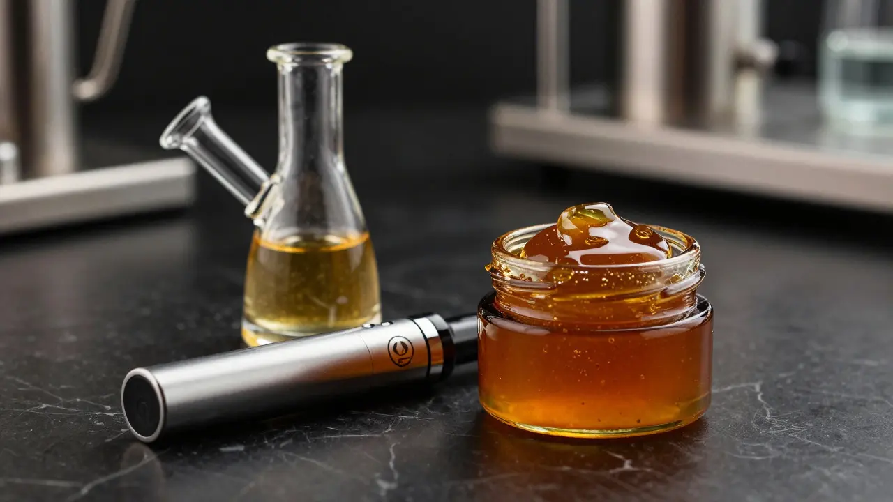 Skleněný dab rig a nádobka s živicovým extraktem na tmavém povrchu