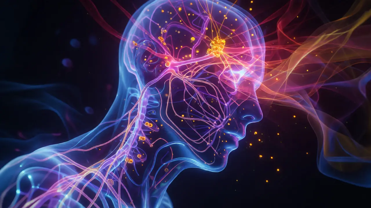 Abstract visualization of cannabinoids activating neural receptors for arousal