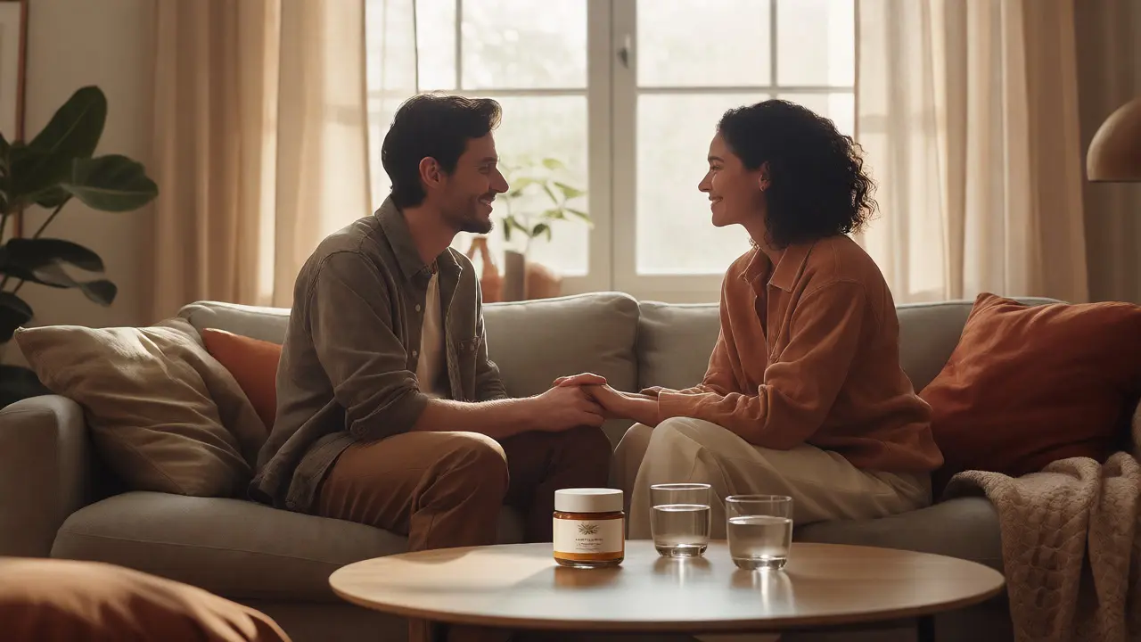 Couple connecting intimately on a sofa with hemp products nearby