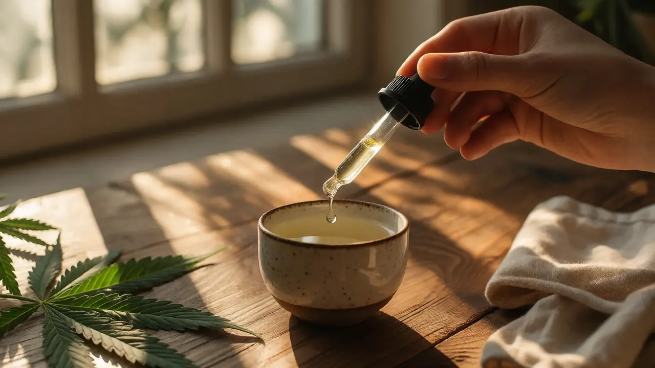 Hand administering CBD oil drops into a cup during a calm morning routine.
