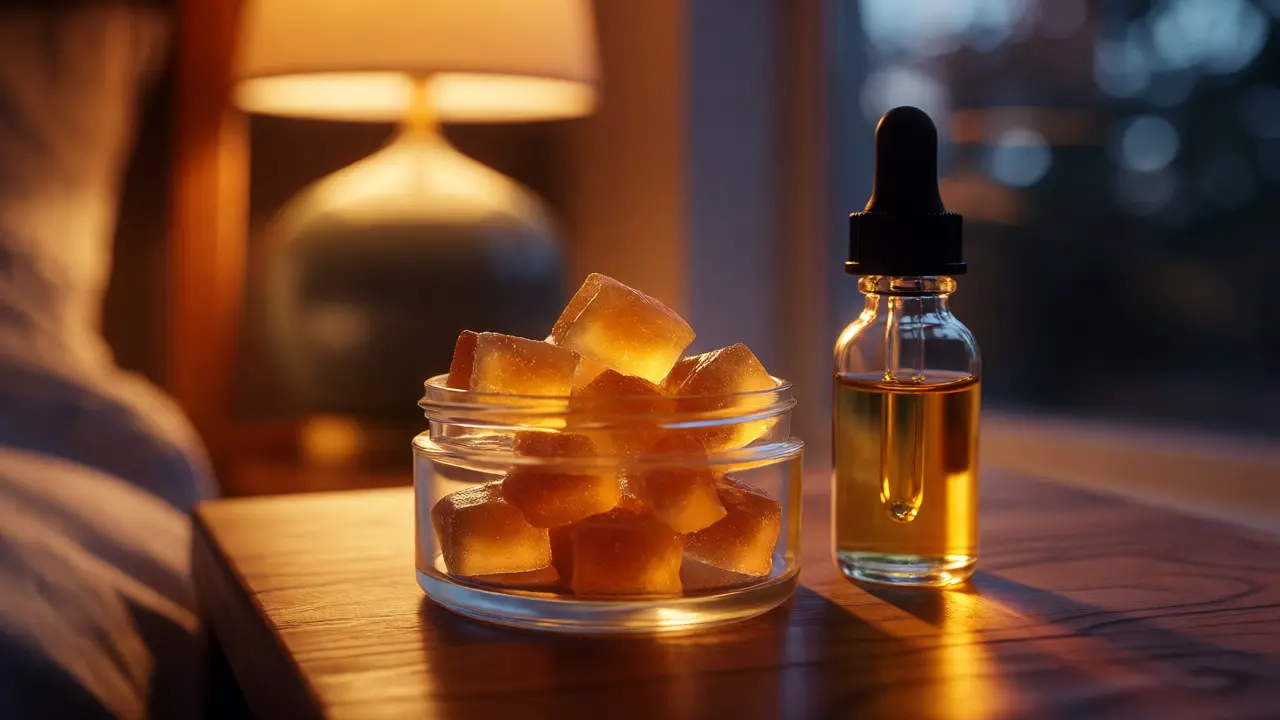 HHC gummies a olej na nočním stolku při teplém světle