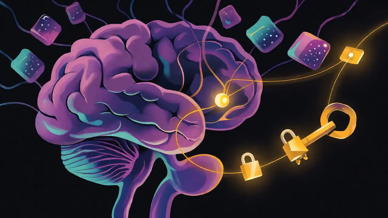 Konceptuální ilustrace mozku propojeného se zlatými nitkami a receptory