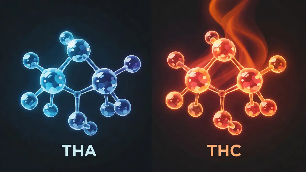 Konceptuální ilustrace přeměny molekuly THCA na THC pomocí tepla
