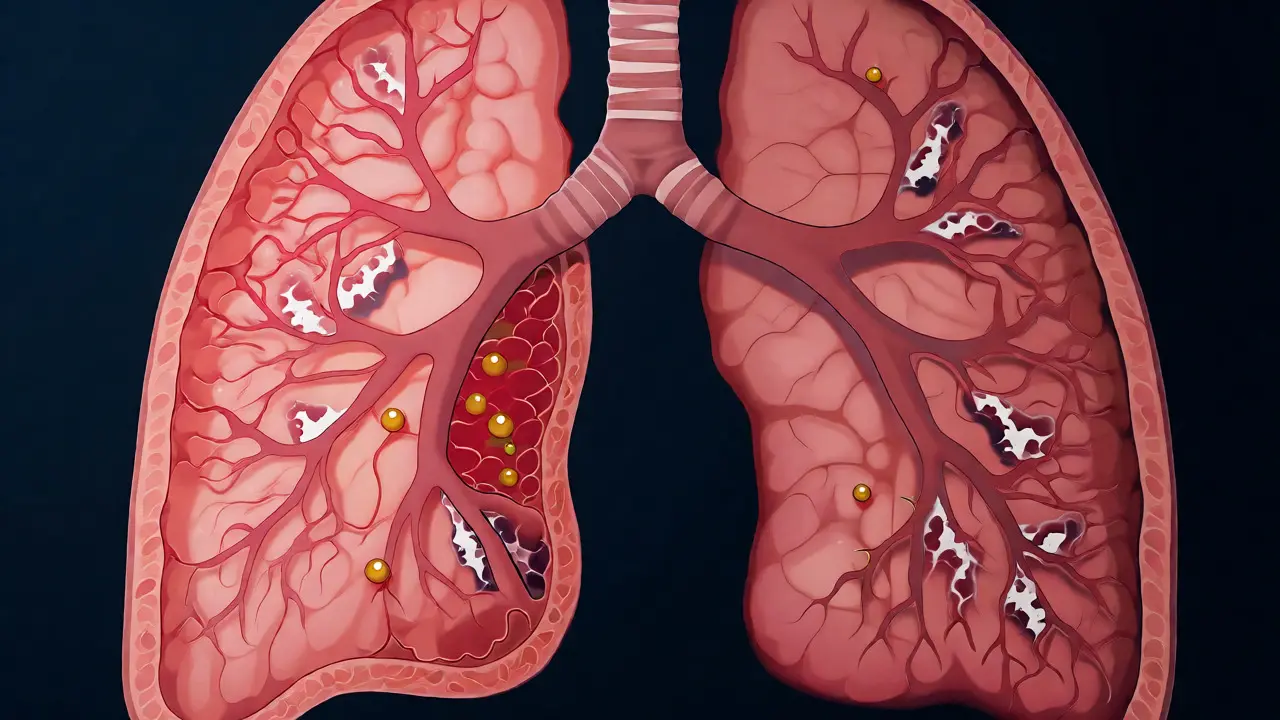 Lékařská ilustrace plic se zánětem a jizvami způsobenými vapingem THC.