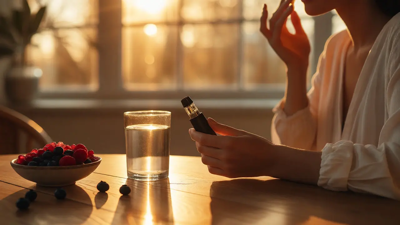 Osoba aplikující hydratační sérum vedle vody a ovoce při vaping