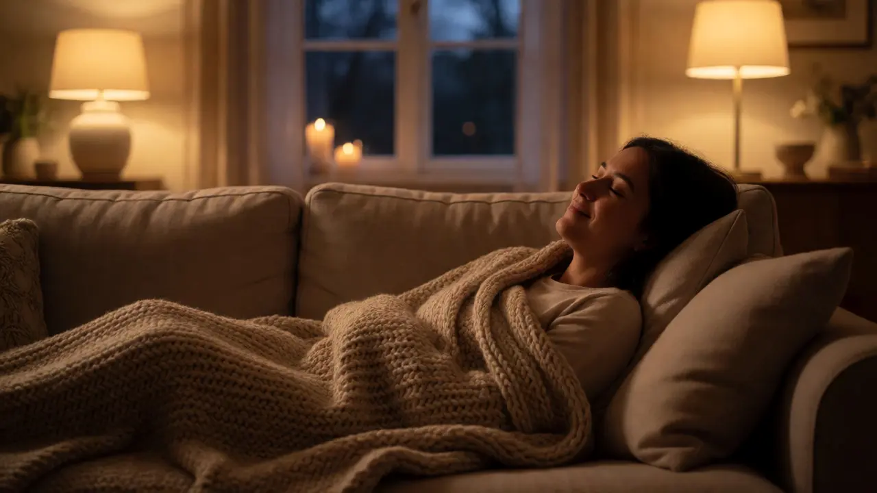 Osoba relaxující pod dekou v teplém večerním osvětlení