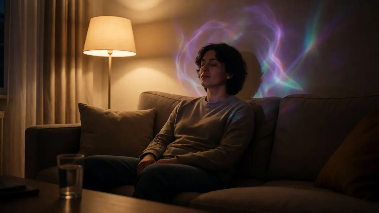 Person relaxing at home under subtle psychedelic aura
