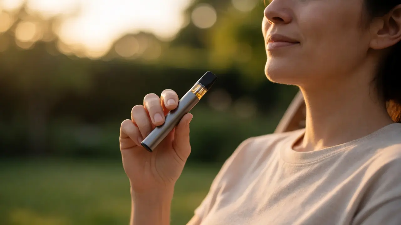 Person using a vape pen at sunset, depicting the mild effects of HHC.