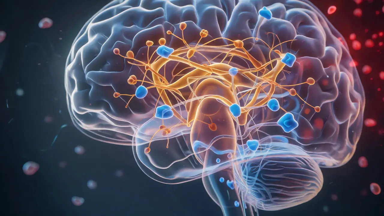 Transparent brain model showing neuroplasticity and receptor activity